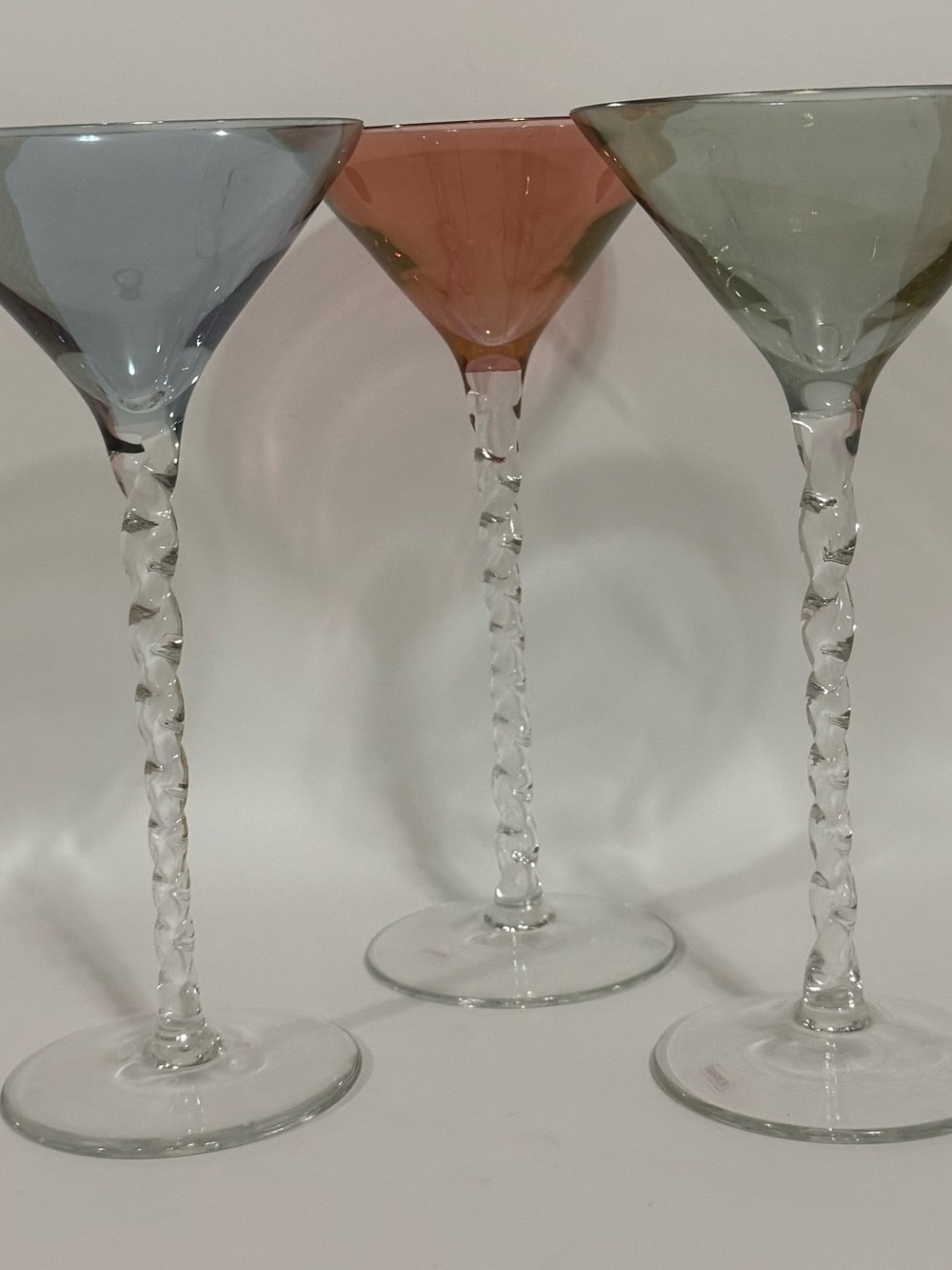 Set of 3 -Vintage Hand-Blown Twisted Stem Martini Glasses Pastel Extra Tall 9.5”